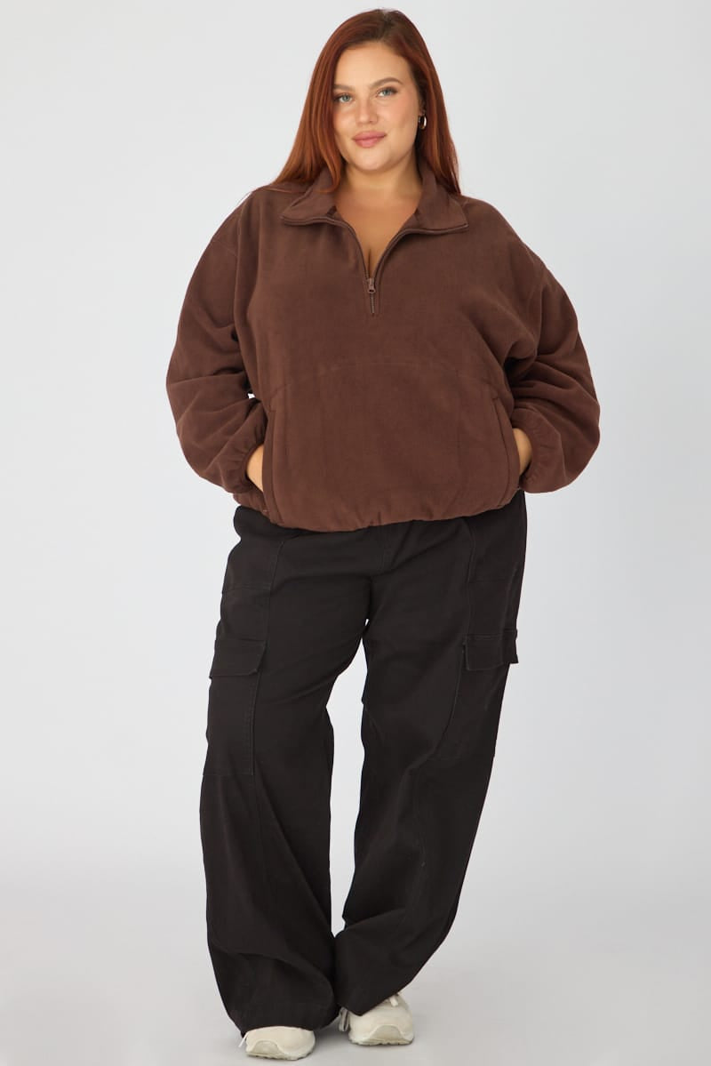 Brown Half Zip Sweat Long Sleeve Fleece for YouandAll Fashion