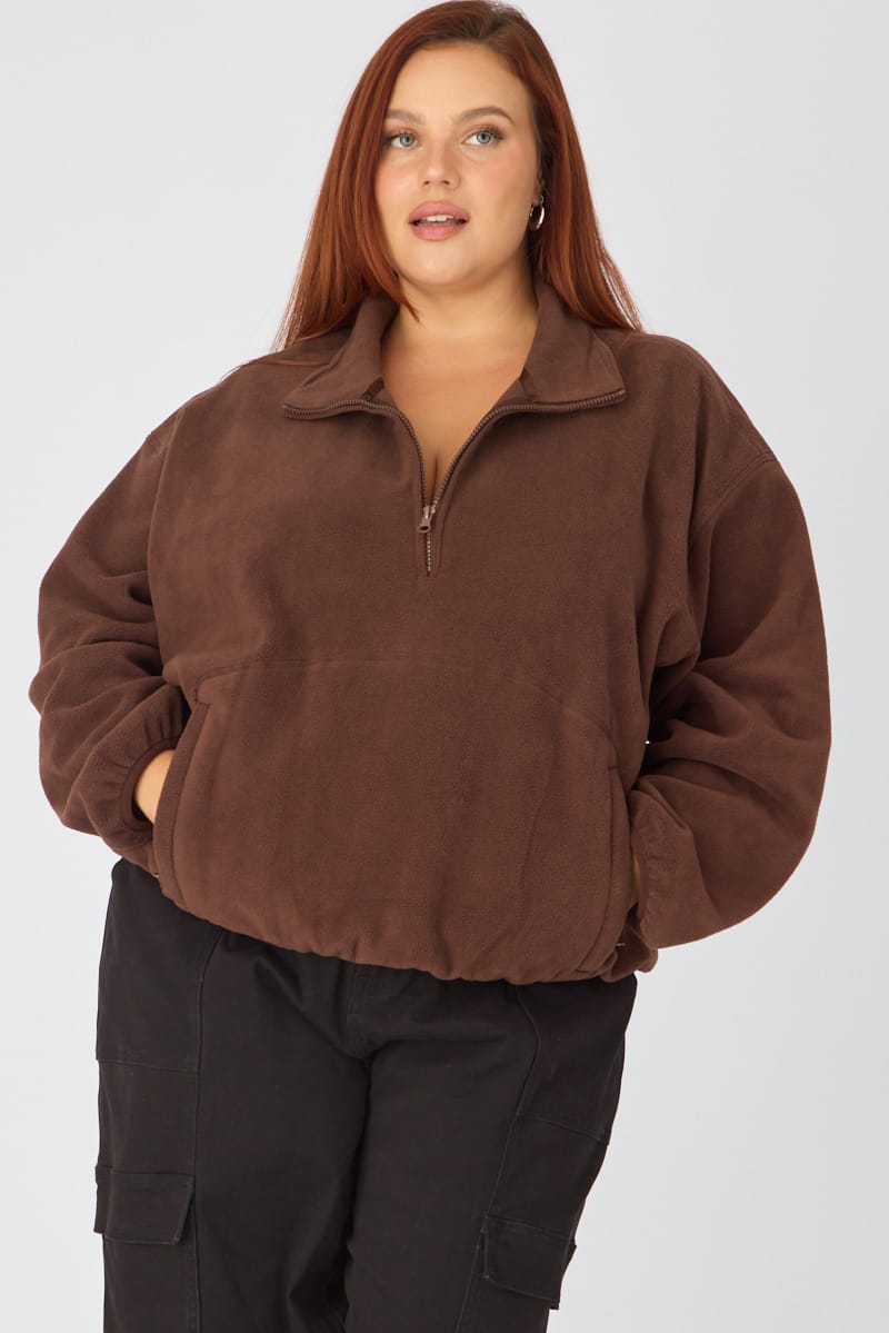 Brown Half Zip Sweat Long Sleeve Fleece for YouandAll Fashion