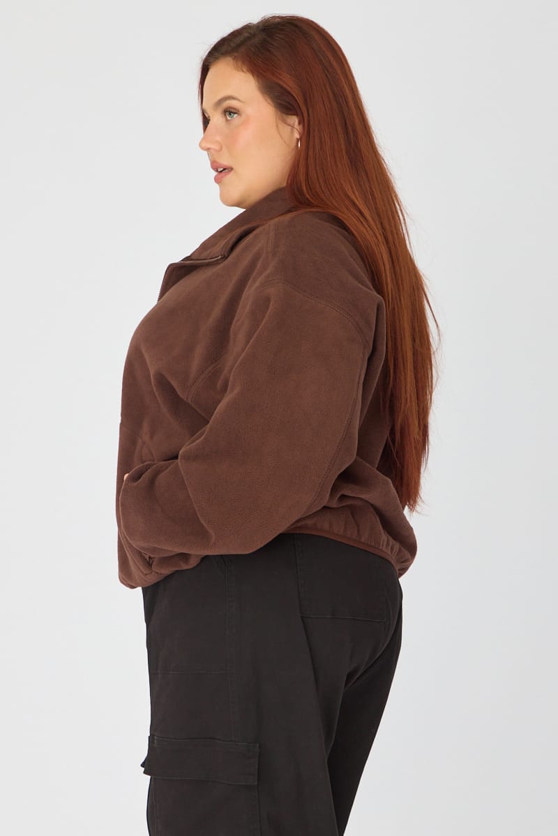 Brown Half Zip Sweat Long Sleeve Fleece for YouandAll Fashion