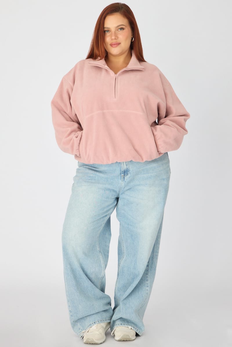 Pink Half Zip Sweat Long Sleeve Fleece for YouandAll Fashion