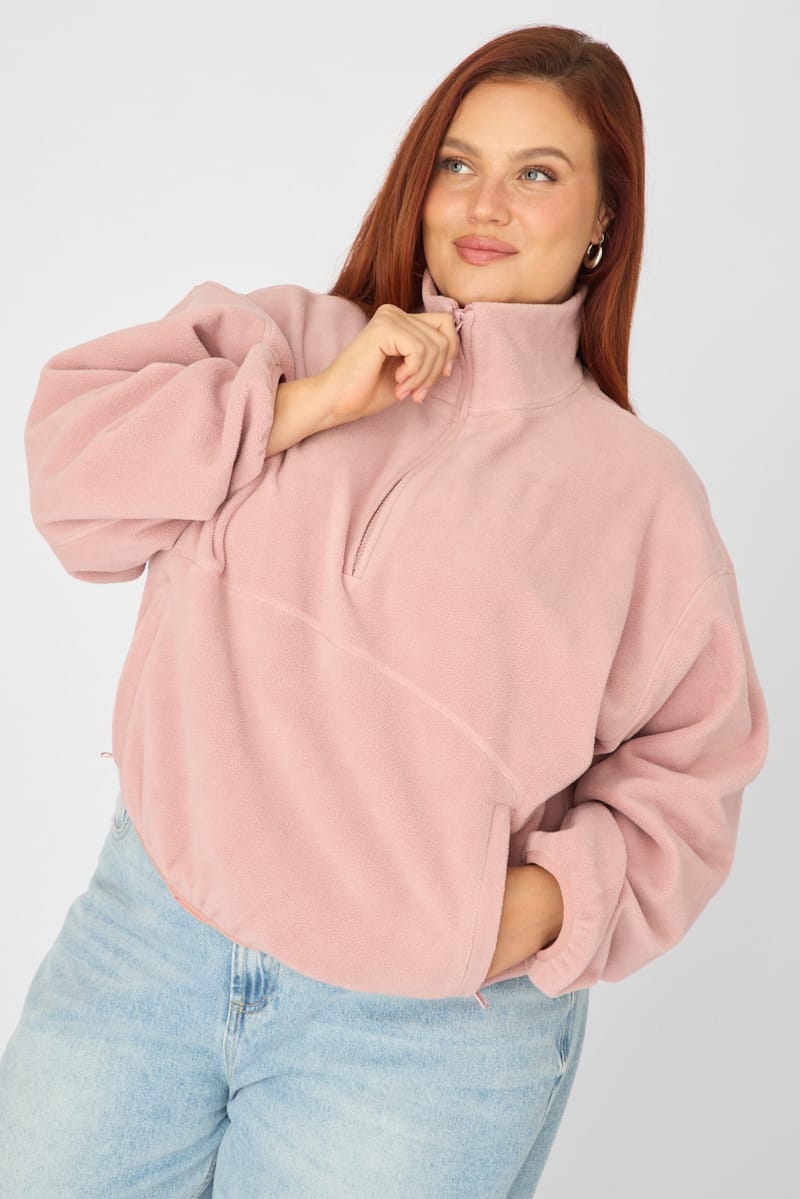 Pink Half Zip Sweat Long Sleeve Fleece for YouandAll Fashion