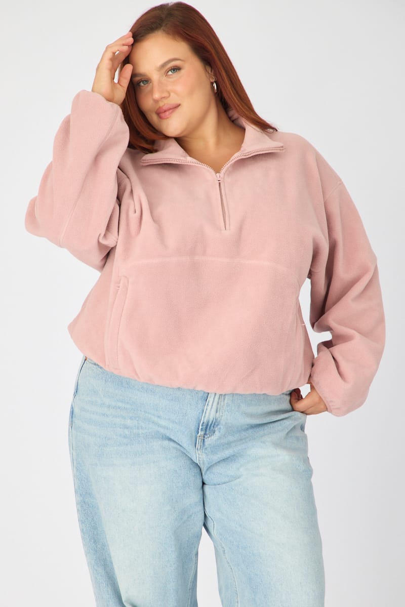 Pink Half Zip Sweat Long Sleeve Fleece for YouandAll Fashion