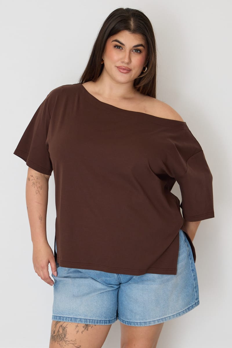 Brown Off Shoulder T-shirt Short Sleeve for YouandAll Fashion