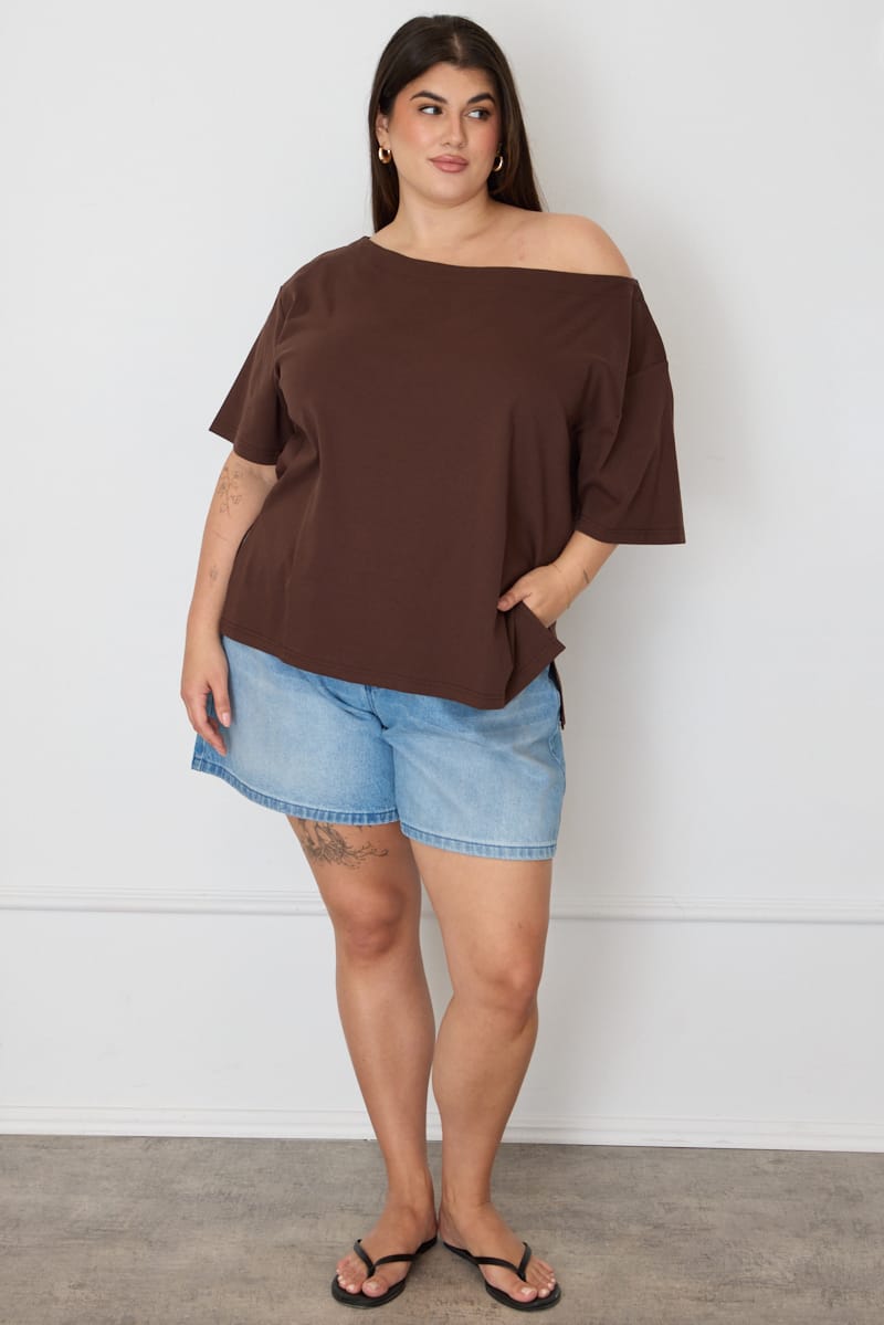 Brown Off Shoulder T-shirt Short Sleeve for YouandAll Fashion