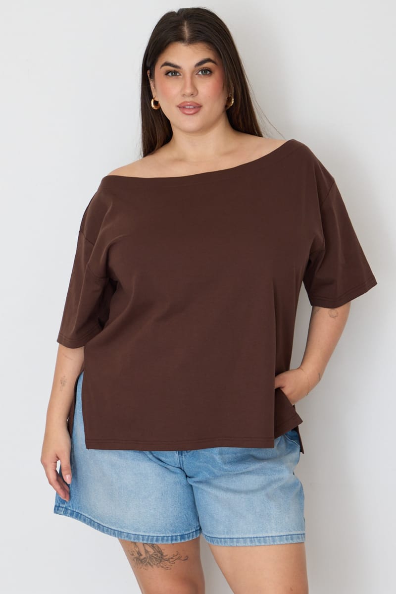 Brown Off Shoulder T-shirt Short Sleeve for YouandAll Fashion
