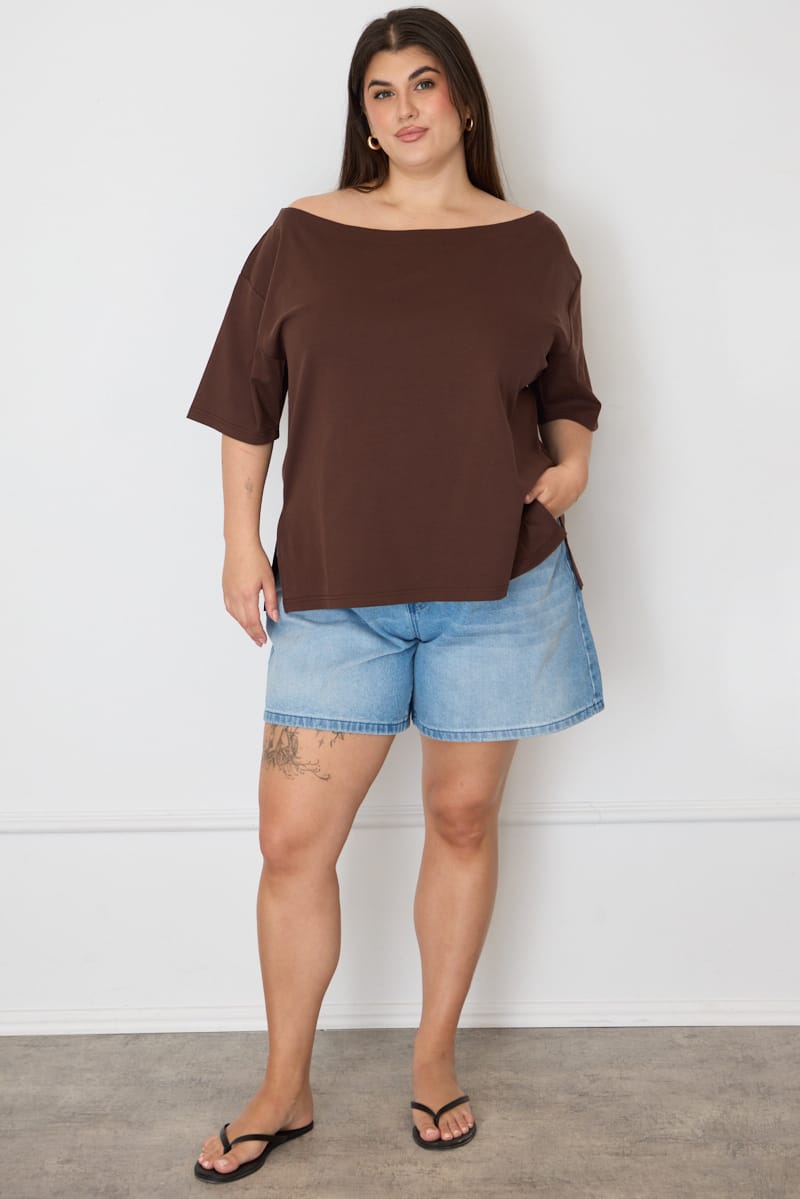 Brown Off Shoulder T-shirt Short Sleeve for YouandAll Fashion