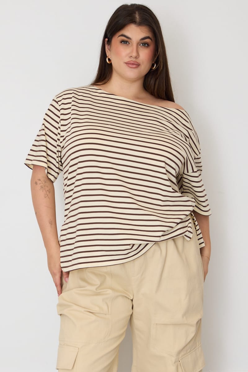 Brown Stripe Off Shoulder T-shirt Short Sleeve for YouandAll Fashion