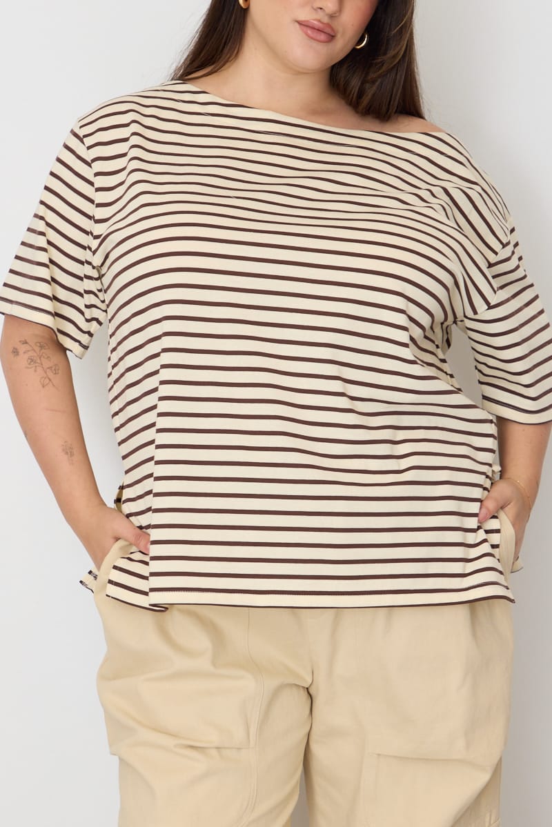 Brown Stripe Off Shoulder T-shirt Short Sleeve for YouandAll Fashion