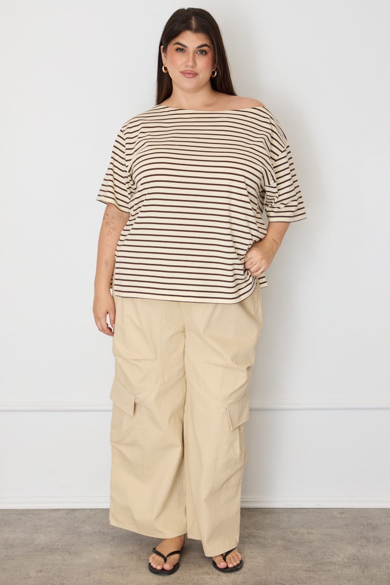 Brown Stripe Off Shoulder T-shirt Short Sleeve for YouandAll Fashion