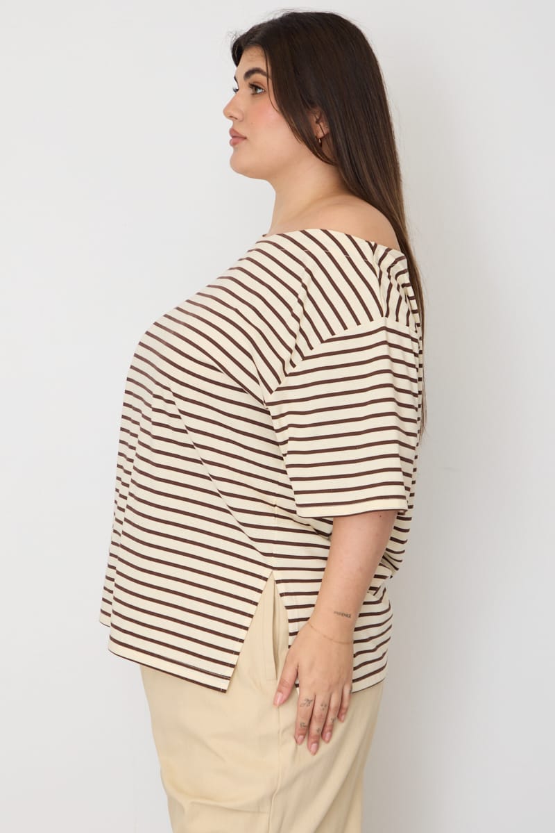 Brown Stripe Off Shoulder T-shirt Short Sleeve for YouandAll Fashion