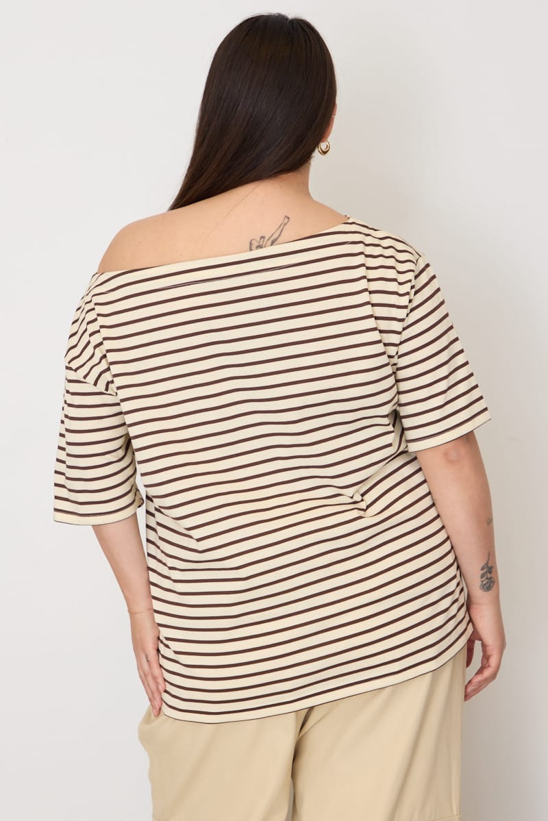 Brown Stripe Off Shoulder T-shirt Short Sleeve for YouandAll Fashion