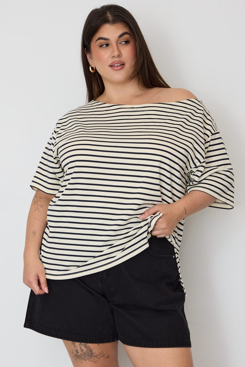 Blue Stripe Off Shoulder T-shirt Short Sleeve for YouandAll Fashion