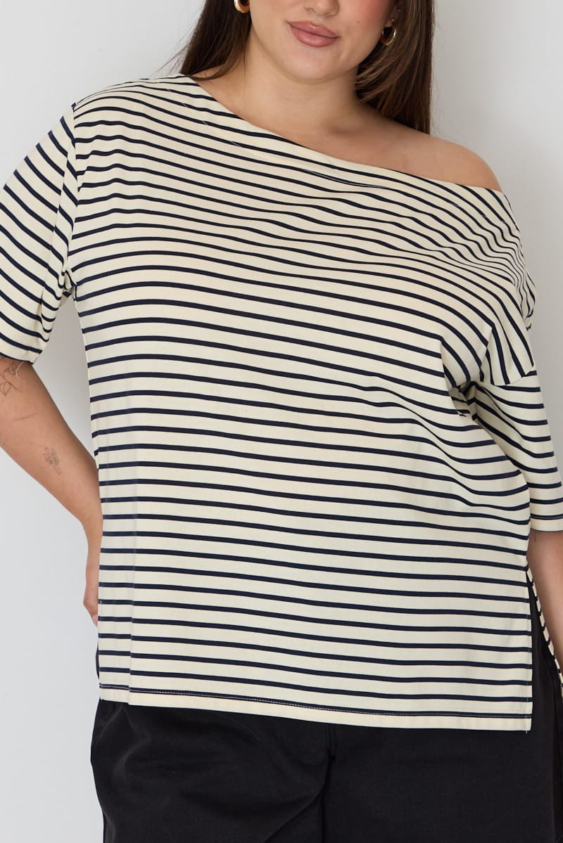Blue Stripe Off Shoulder T-shirt Short Sleeve for YouandAll Fashion