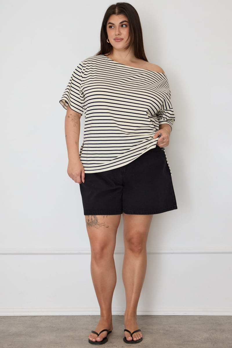 Blue Stripe Off Shoulder T-shirt Short Sleeve for YouandAll Fashion