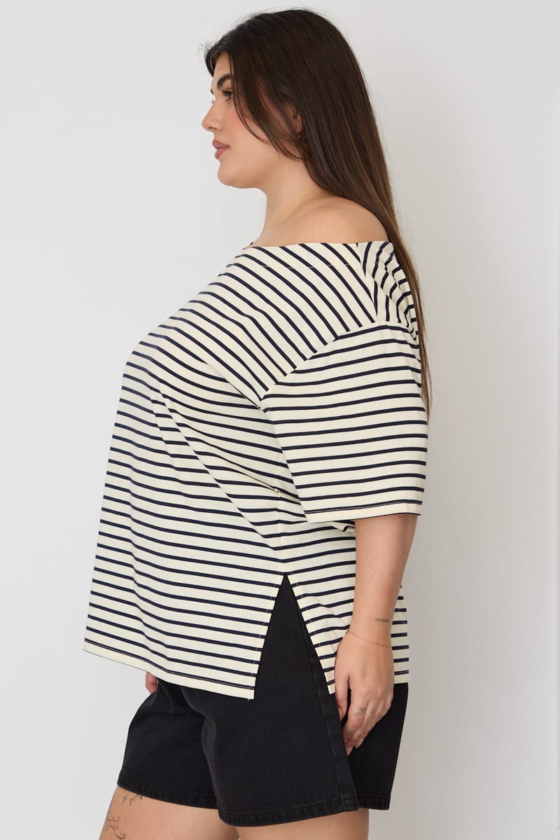 Blue Stripe Off Shoulder T-shirt Short Sleeve for YouandAll Fashion