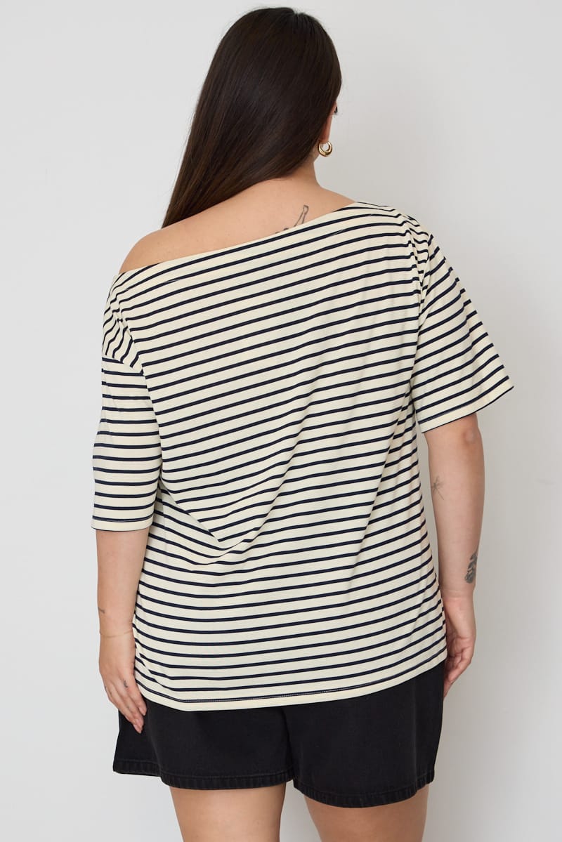 Blue Stripe Off Shoulder T-shirt Short Sleeve for YouandAll Fashion