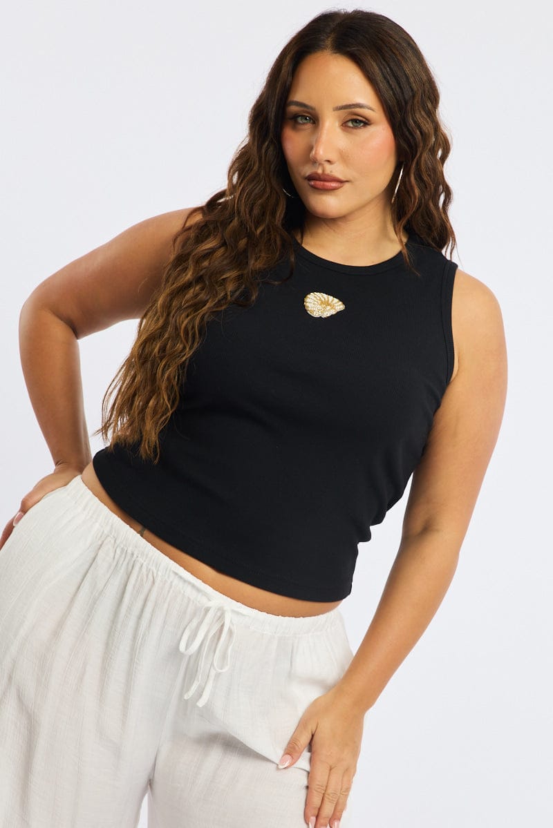 Black Rib Tank Sleeveless Shell Applique for YouandAll Fashion