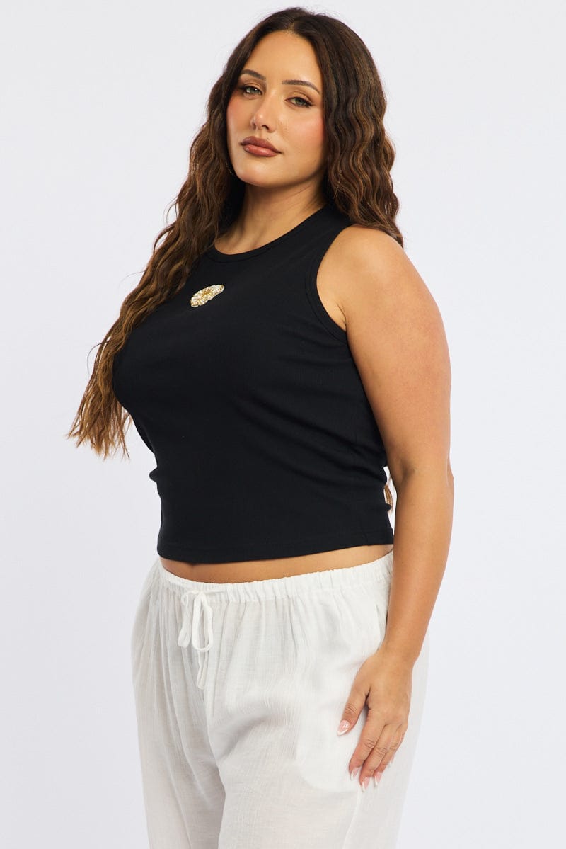 Black Rib Tank Sleeveless Shell Applique for YouandAll Fashion