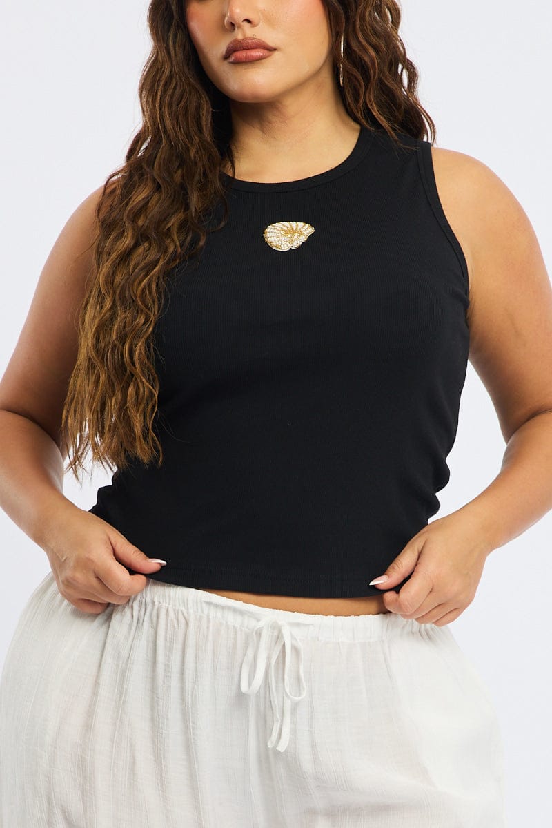Black Rib Tank Sleeveless Shell Applique for YouandAll Fashion