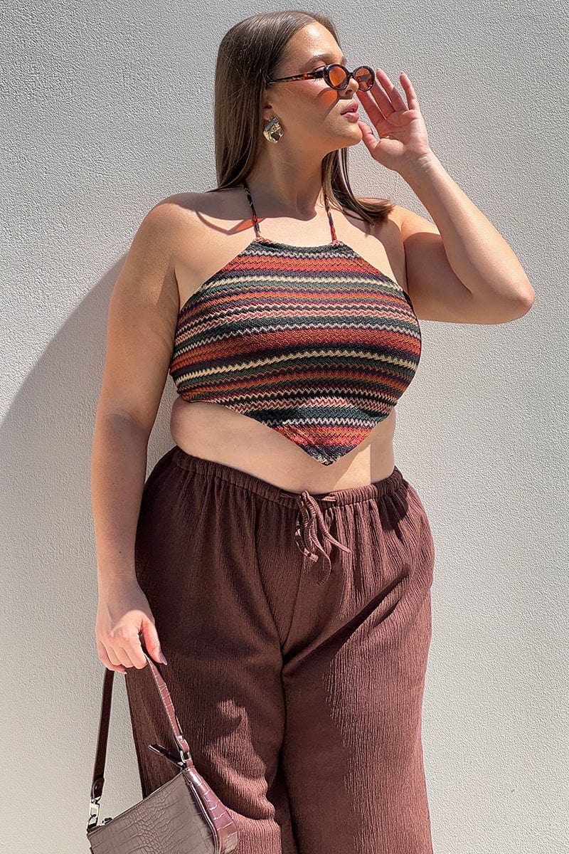 Brown Stripe Scarf Top Sleeveless Knit Like Textured for YouandAll Fashion