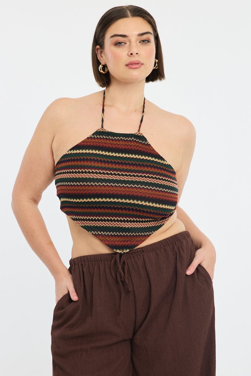 Brown Stripe Scarf Top Sleeveless Knit Like Textured for YouandAll Fashion