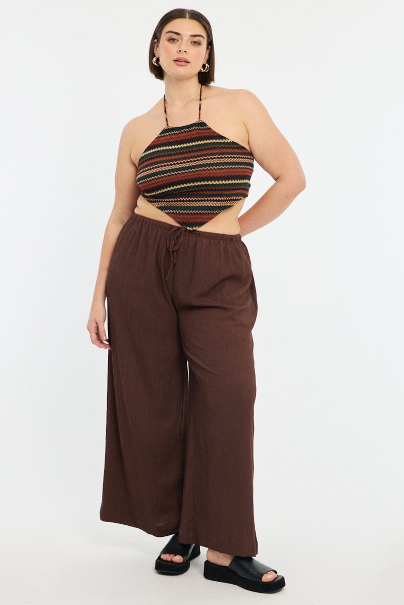 Brown Stripe Scarf Top Sleeveless Knit Like Textured for YouandAll Fashion