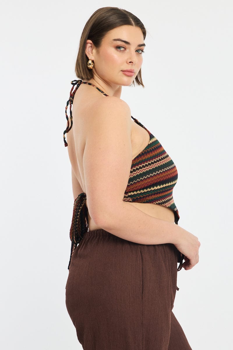 Brown Stripe Scarf Top Sleeveless Knit Like Textured for YouandAll Fashion