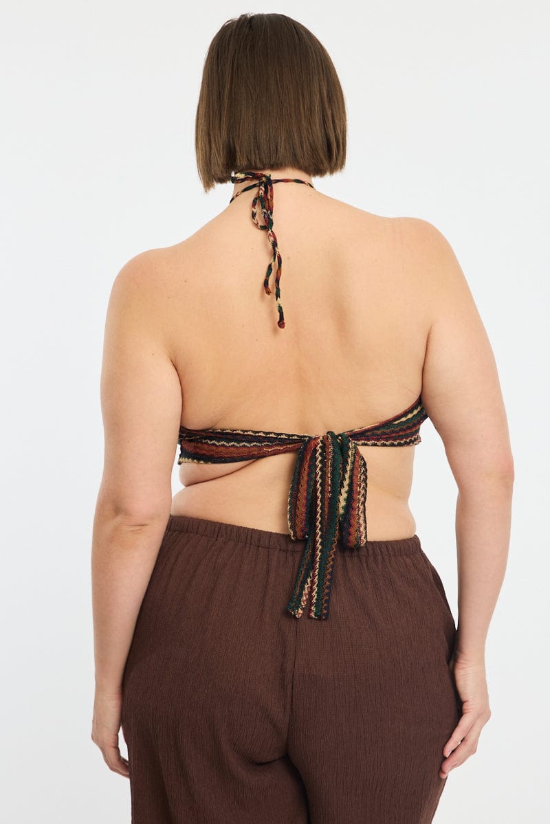 Brown Stripe Scarf Top Sleeveless Knit Like Textured for YouandAll Fashion