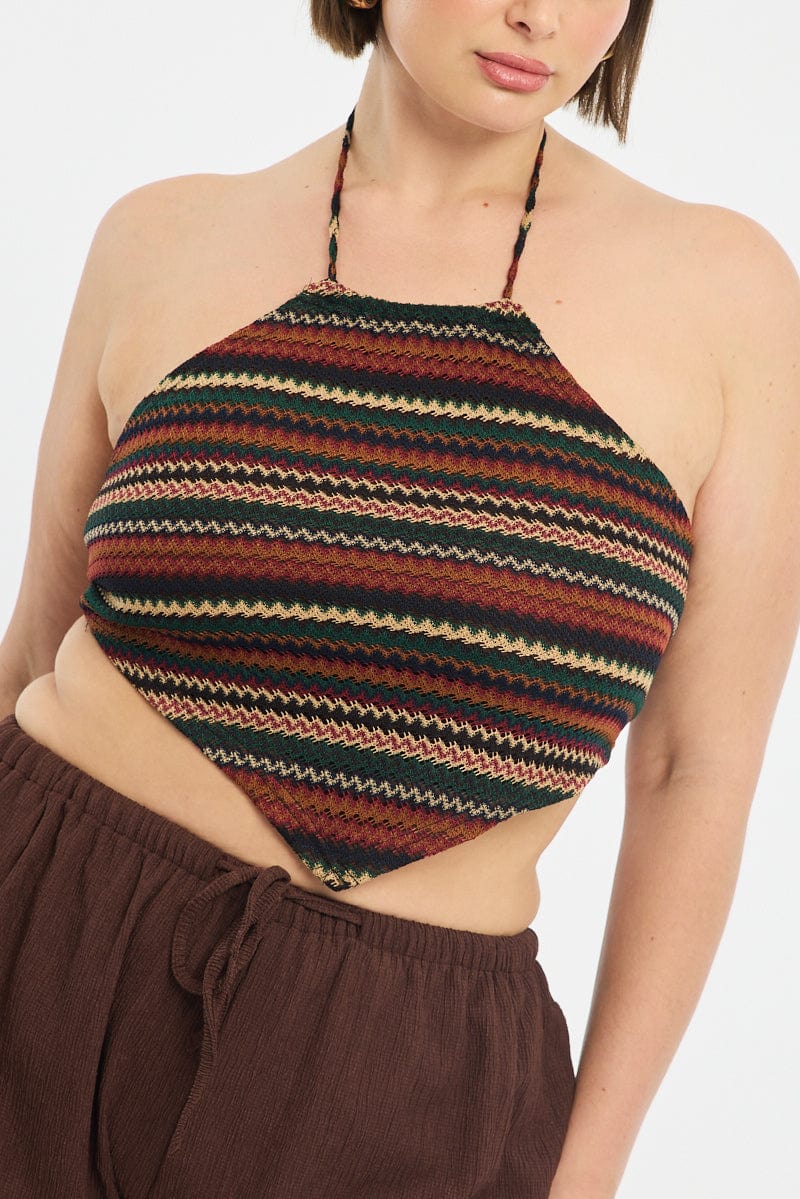 Brown Stripe Scarf Top Sleeveless Knit Like Textured for YouandAll Fashion