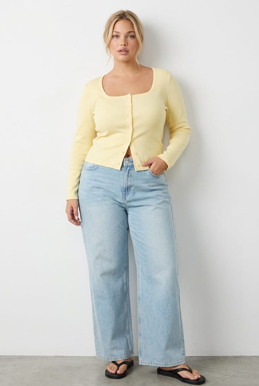 Yellow Button Front Top Long Sleeve Rib