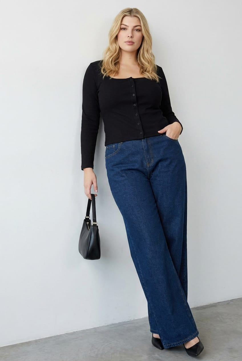 Black Button Front Top Long Sleeve Rib for YouandAll Fashion