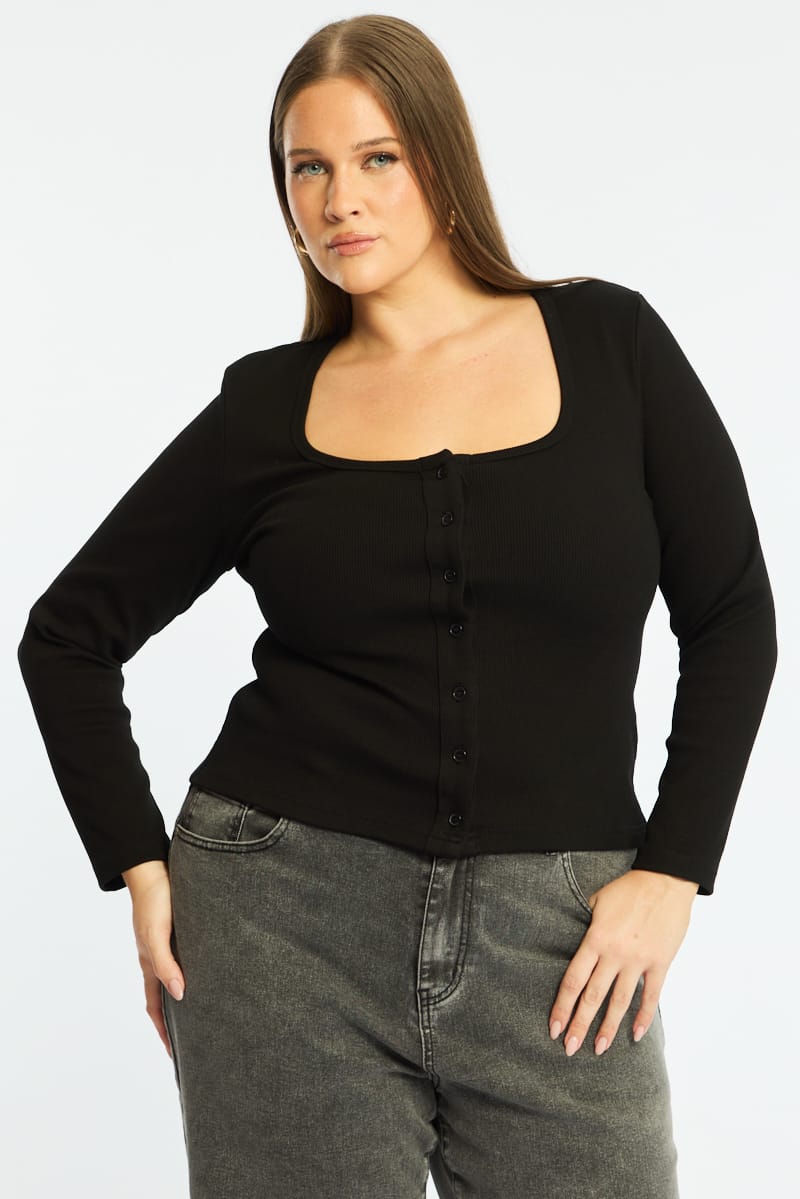 Black Button Front Top Long Sleeve Rib for YouandAll Fashion