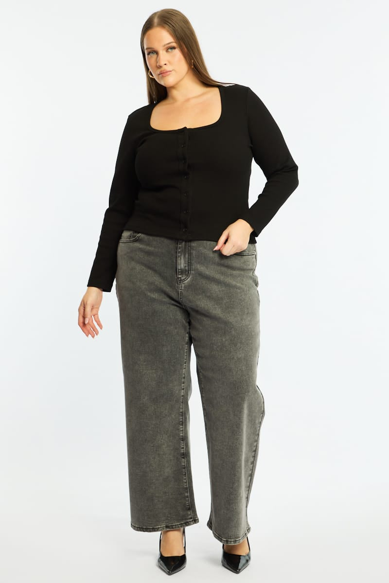 Black Button Front Top Long Sleeve Rib for YouandAll Fashion