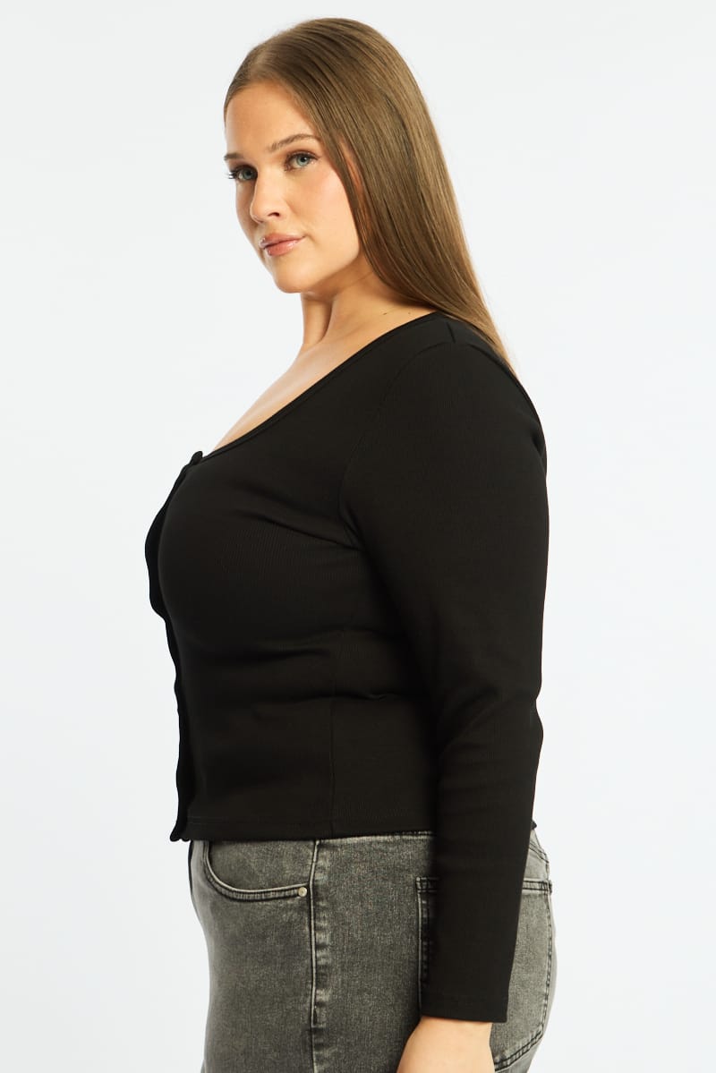 Black Button Front Top Long Sleeve Rib for YouandAll Fashion