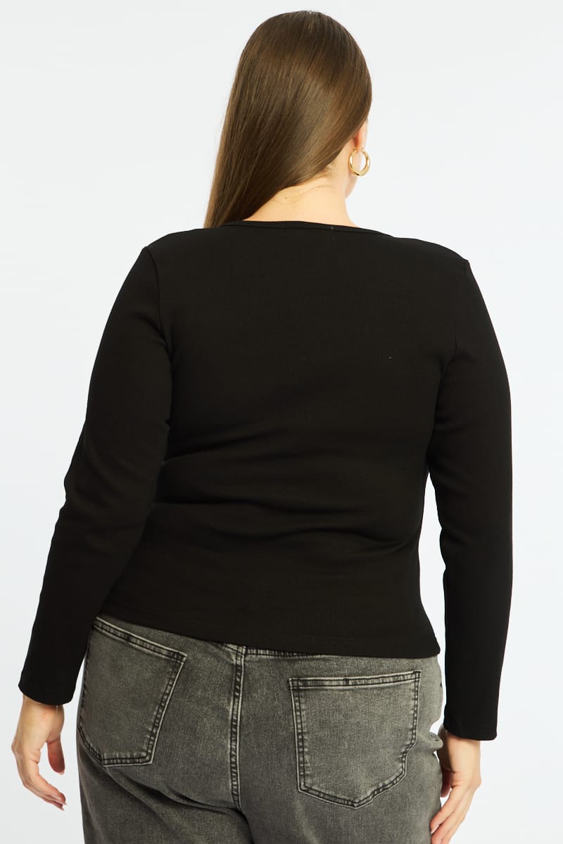 Black Button Front Top Long Sleeve Rib for YouandAll Fashion