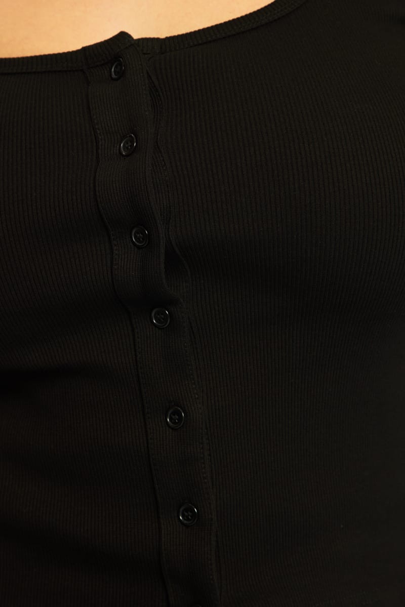Black Button Front Top Long Sleeve Rib for YouandAll Fashion
