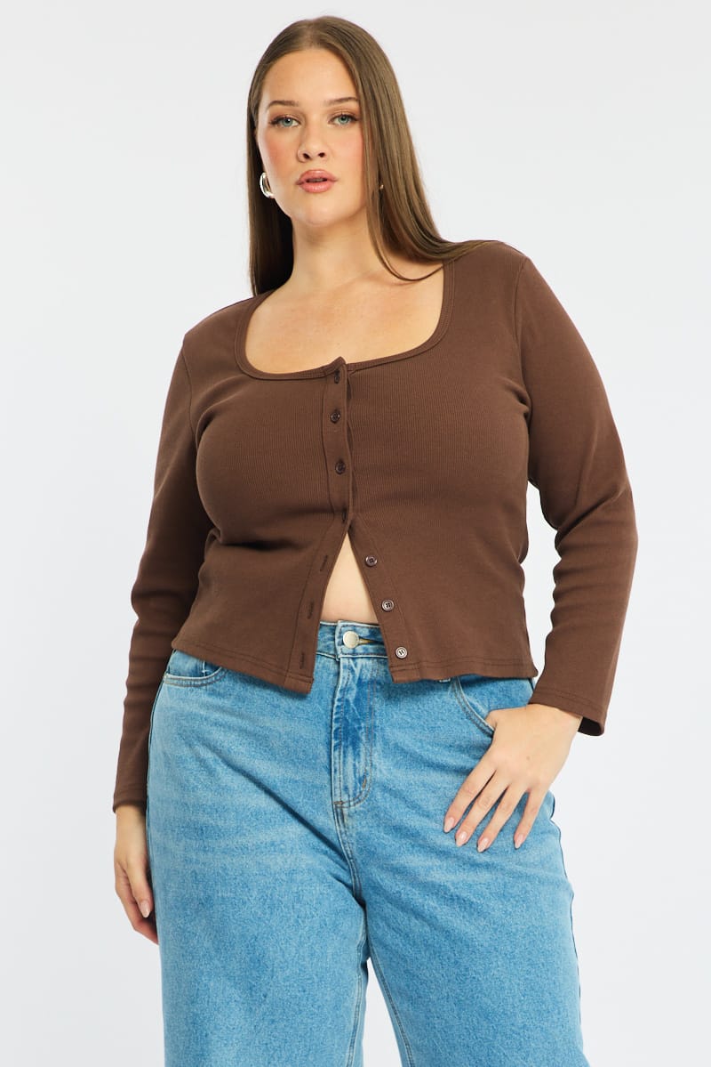 Brown Button Front Top Long Sleeve Rib for YouandAll Fashion