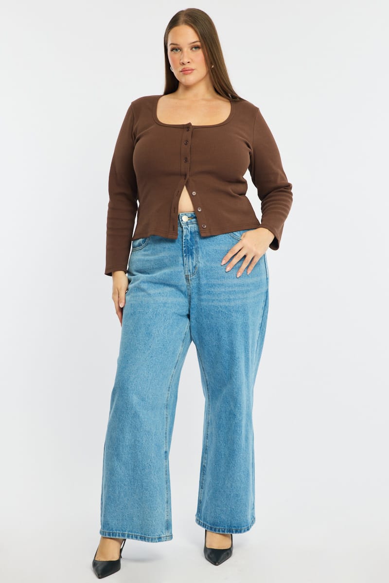 Brown Button Front Top Long Sleeve Rib for YouandAll Fashion