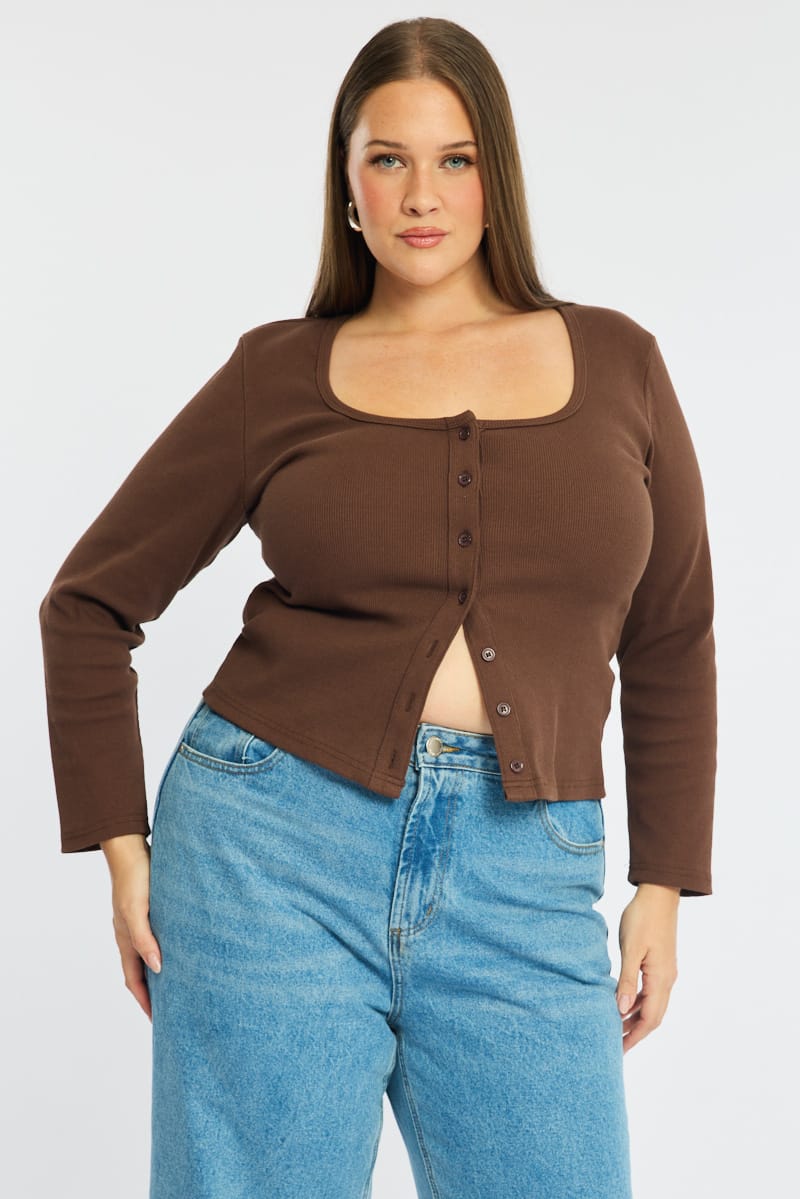 Brown Button Front Top Long Sleeve Rib for YouandAll Fashion