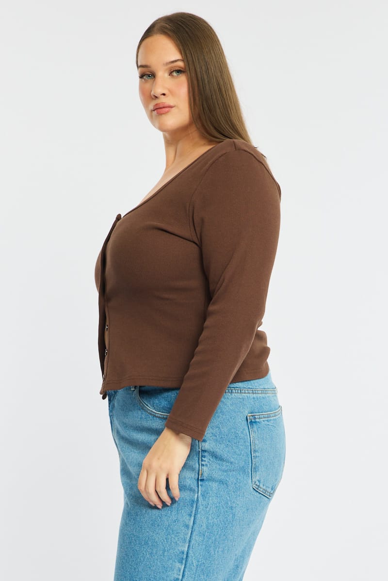 Brown Button Front Top Long Sleeve Rib for YouandAll Fashion