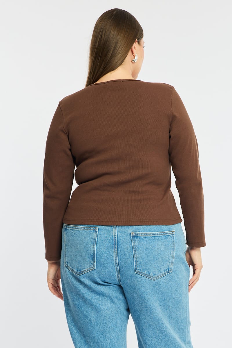 Brown Button Front Top Long Sleeve Rib for YouandAll Fashion