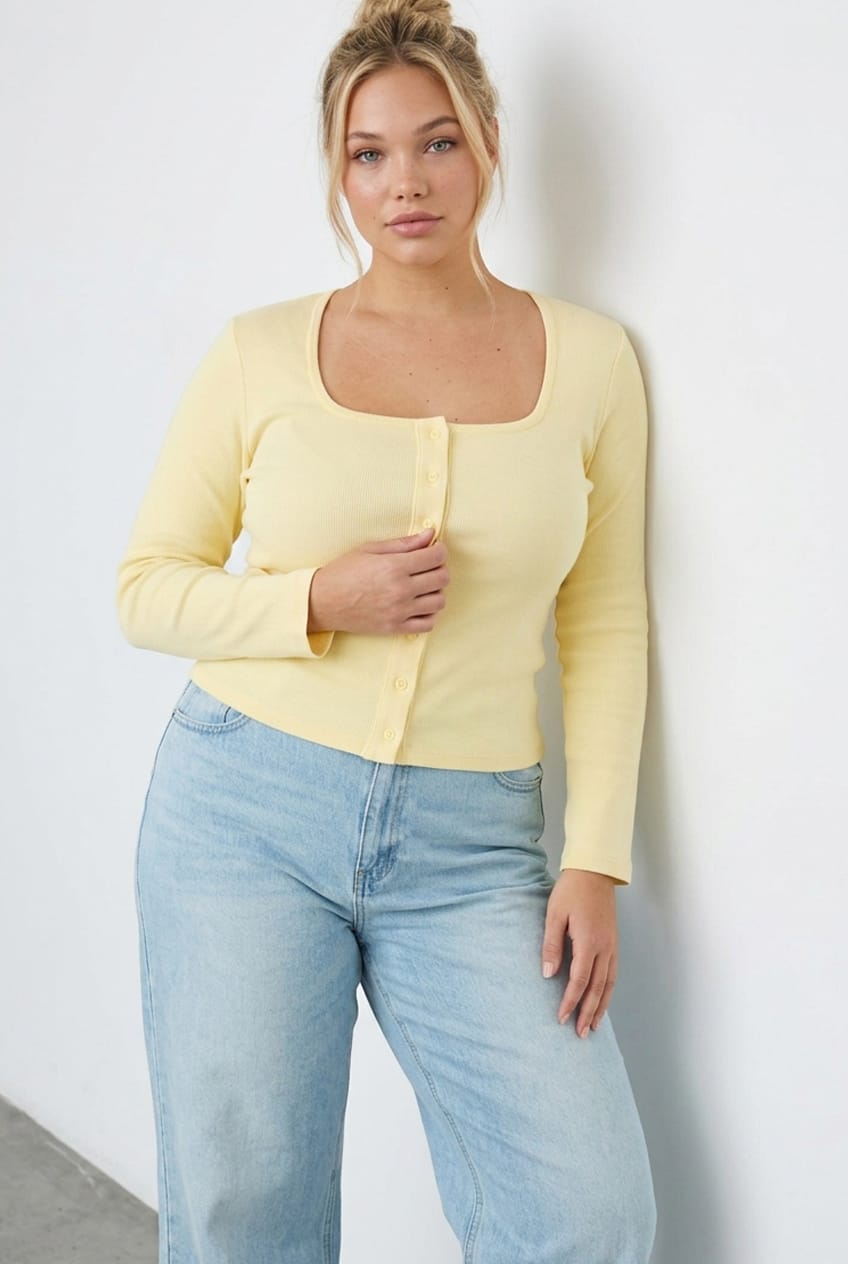 Yellow Button Front Top Long Sleeve Rib