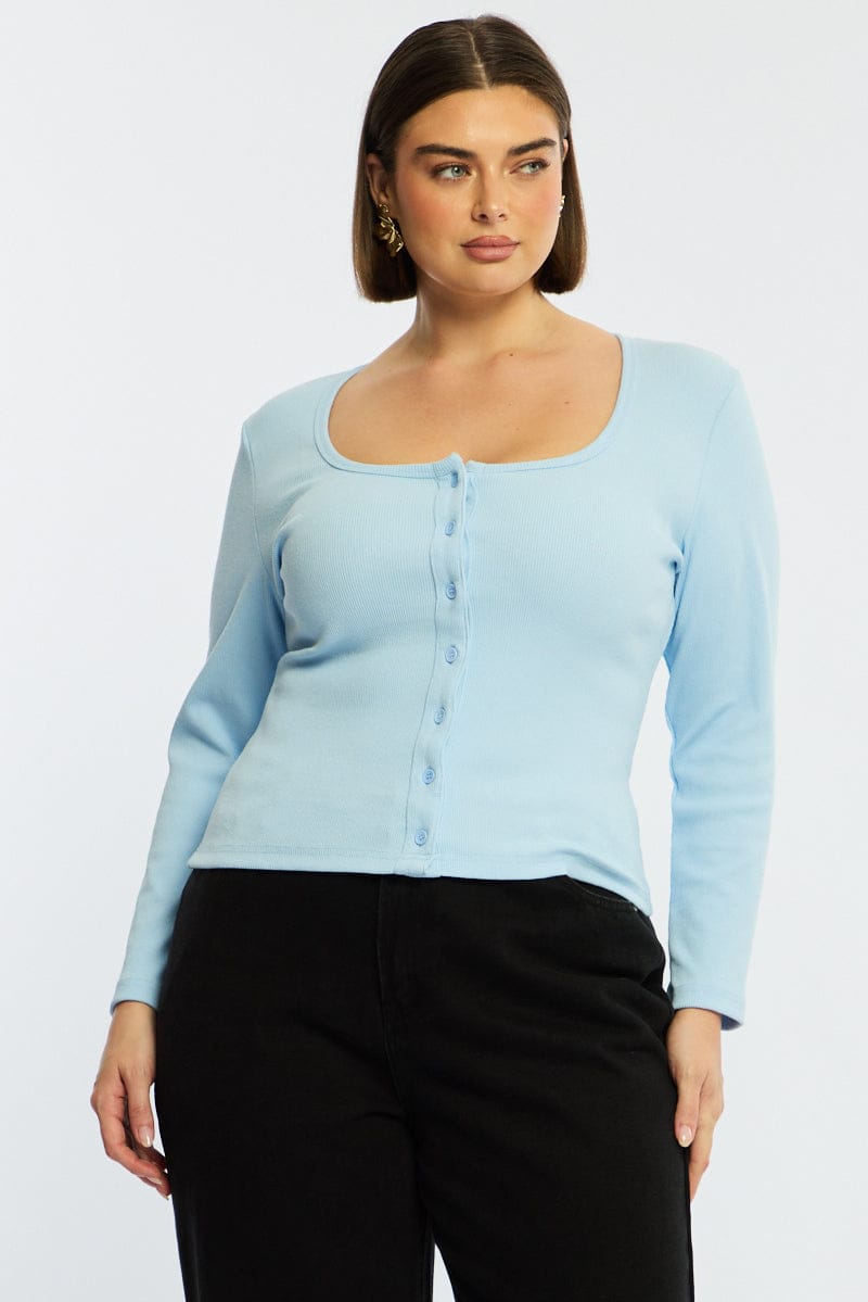 Blue Button Front Top Long Sleeve Rib for YouandAll Fashion