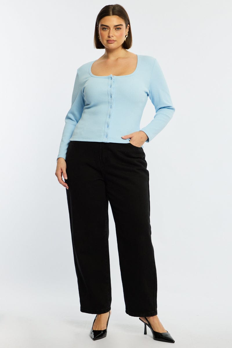 Blue Button Front Top Long Sleeve Rib for YouandAll Fashion