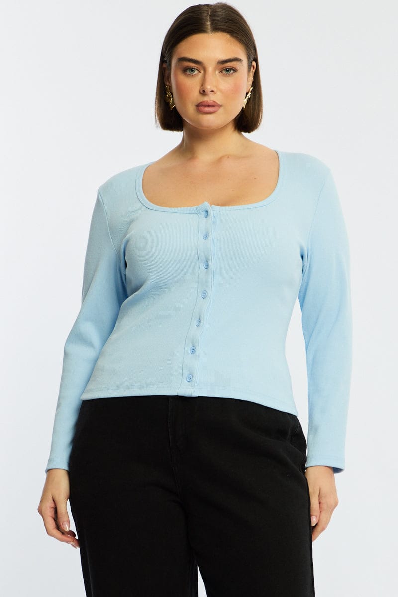 Blue Button Front Top Long Sleeve Rib for YouandAll Fashion