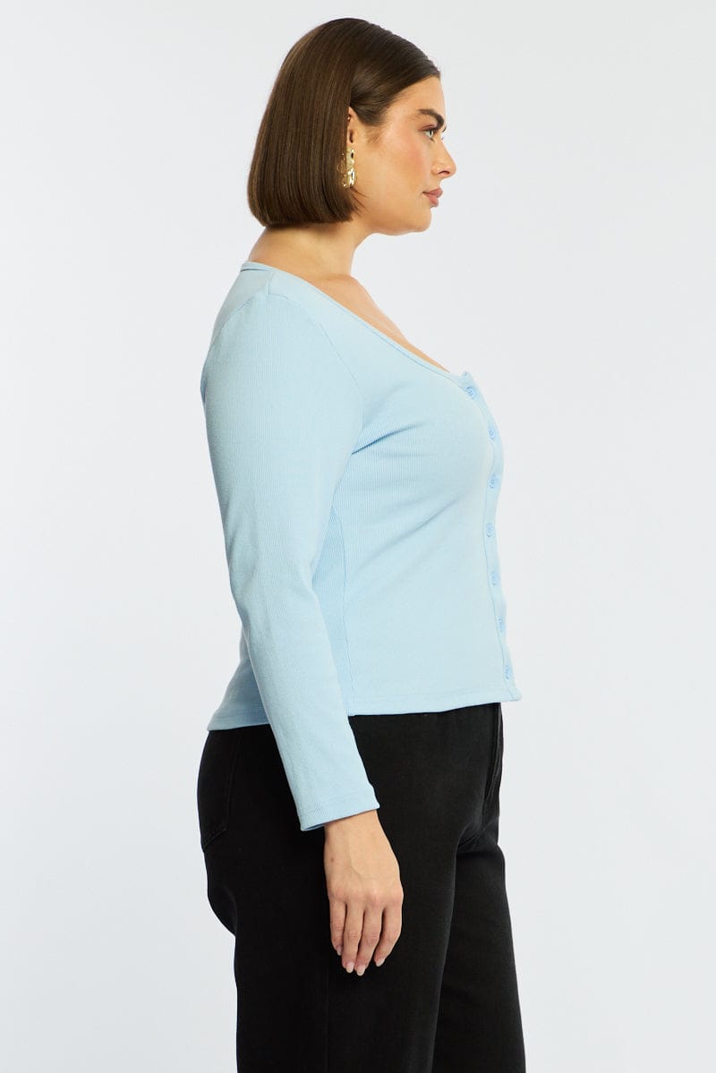 Blue Button Front Top Long Sleeve Rib for YouandAll Fashion