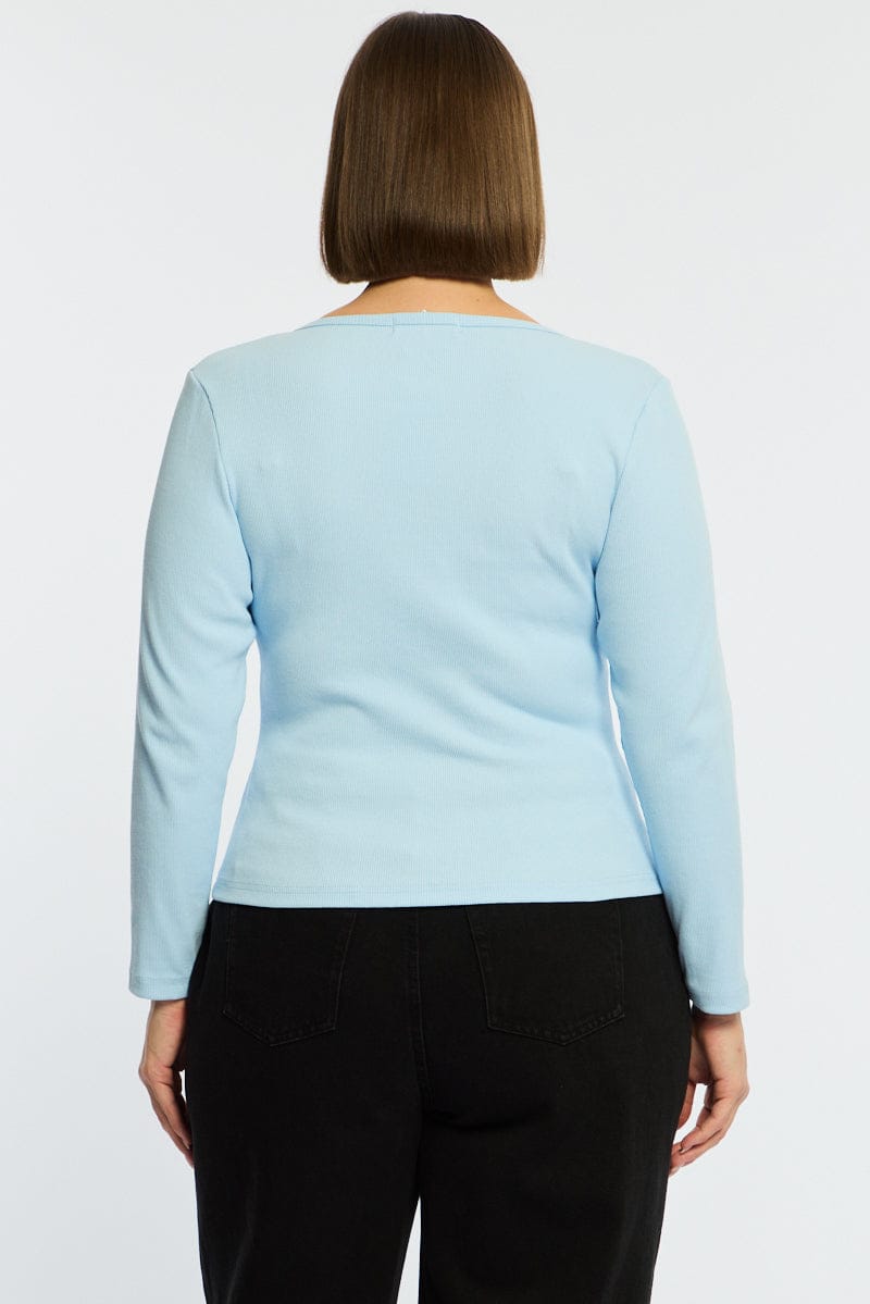 Blue Button Front Top Long Sleeve Rib for YouandAll Fashion