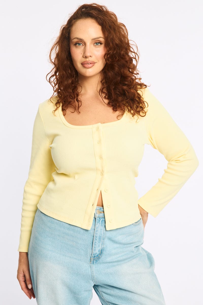Yellow Button Front Top Long Sleeve Rib for YouandAll Fashion