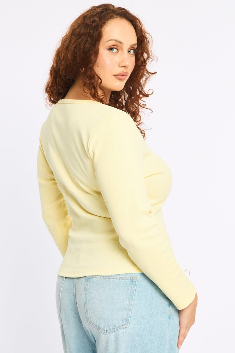 Yellow Button Front Top Long Sleeve Rib for YouandAll Fashion