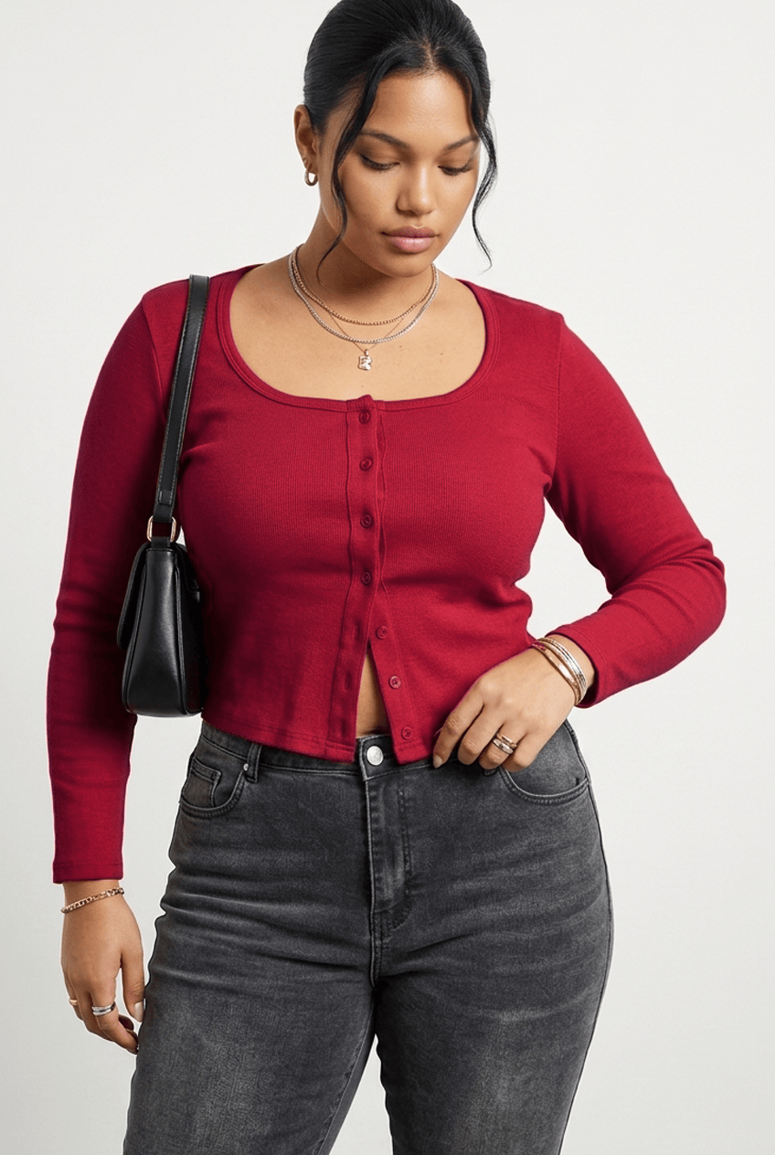 Red Button Front Top Long Sleeve Rib for YouandAll Fashion